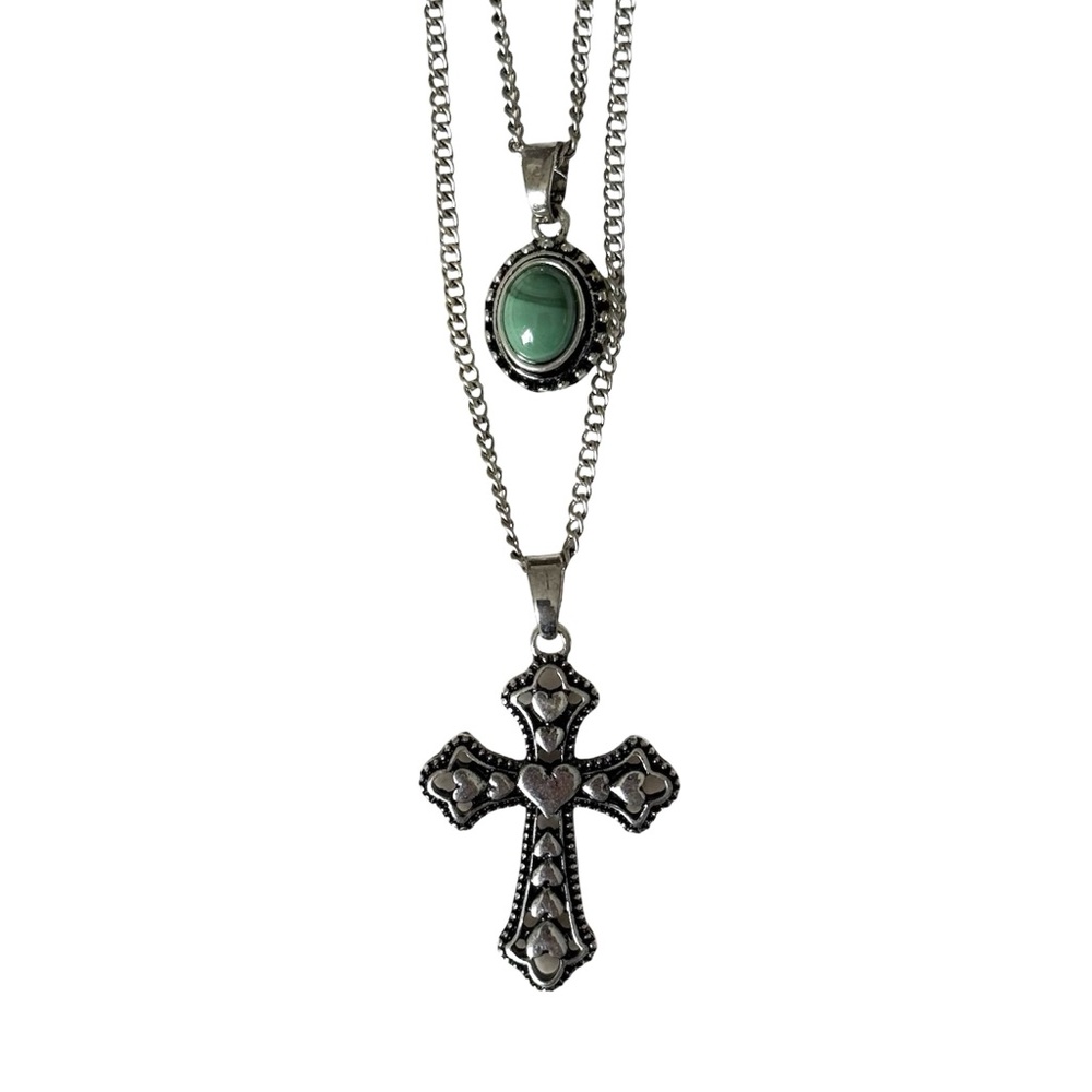 ASOS Layered Silver Cross Necklace with Green Stone Pendant
